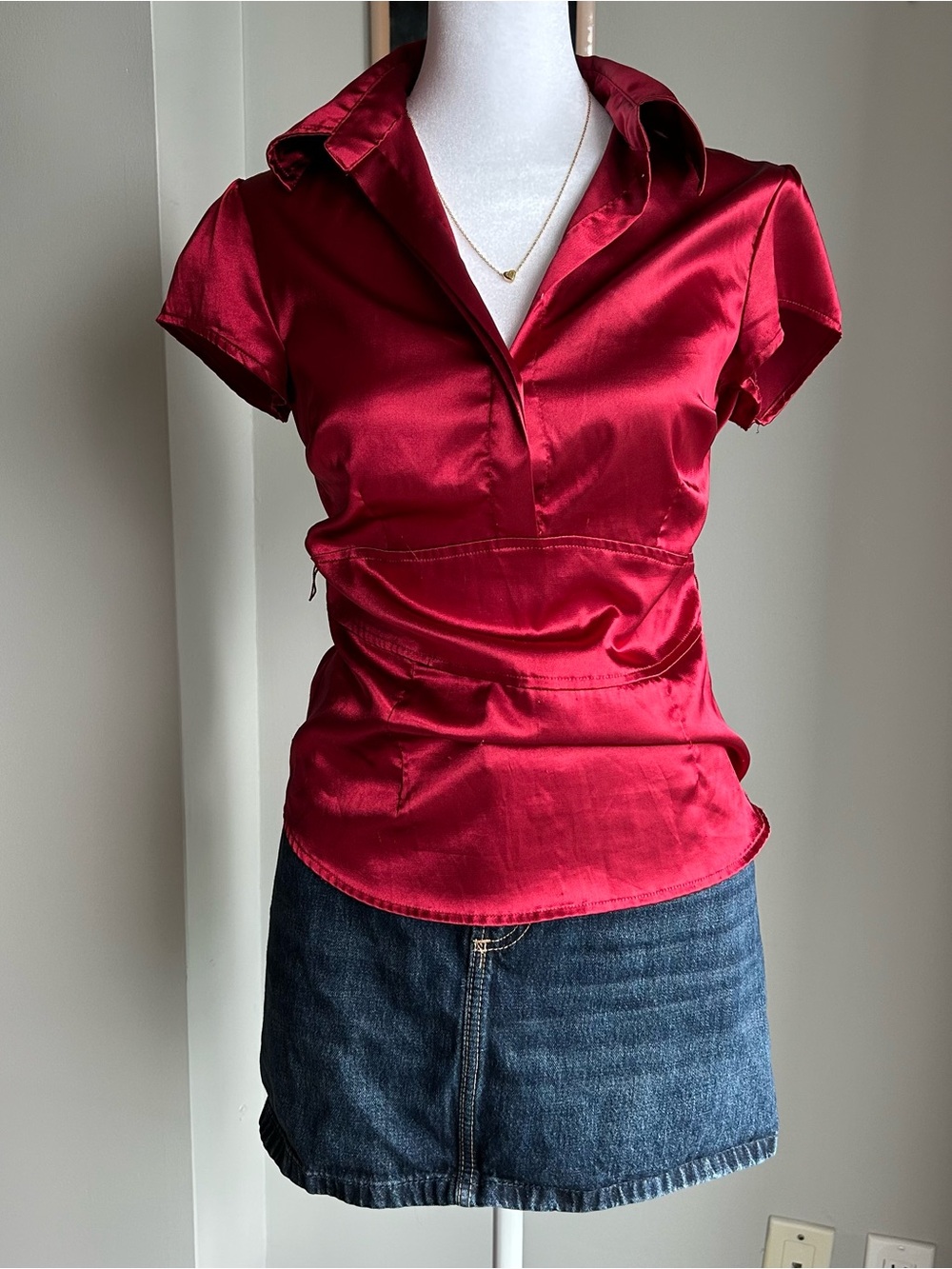 Red Satin Smart Set Blouse Office Outfit